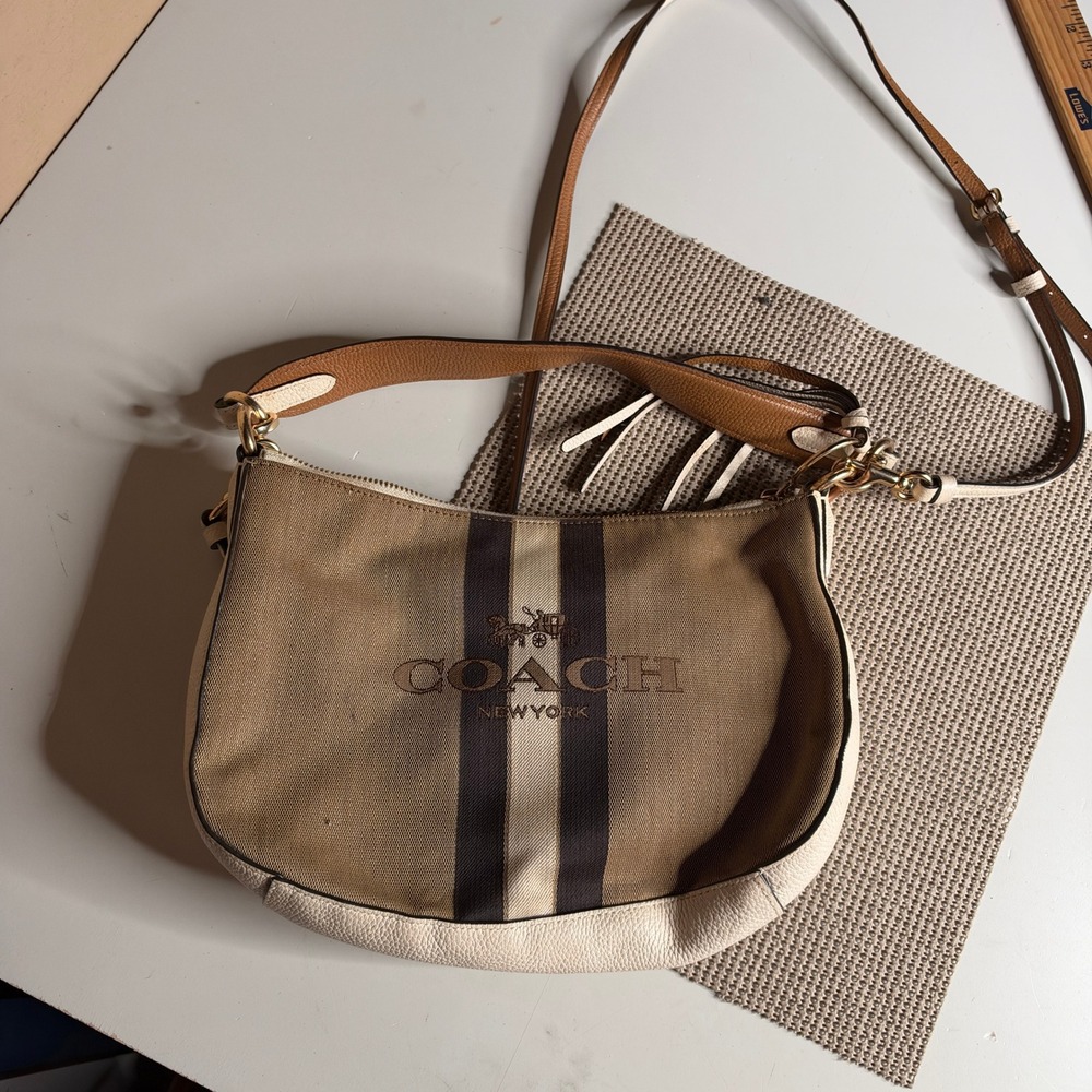 Coach Jes Hobo Bag Canvas Varsity Stripe Khaki White Crossbody 69647